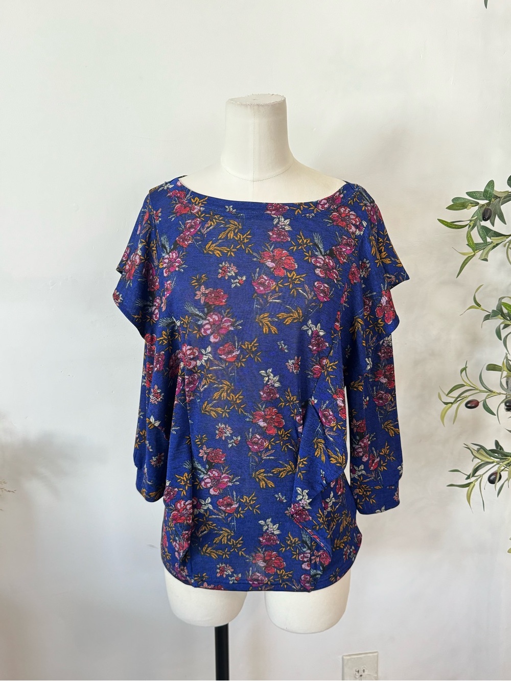 Free People Blue Floral Ruffle Open Back Blouse Top Size S